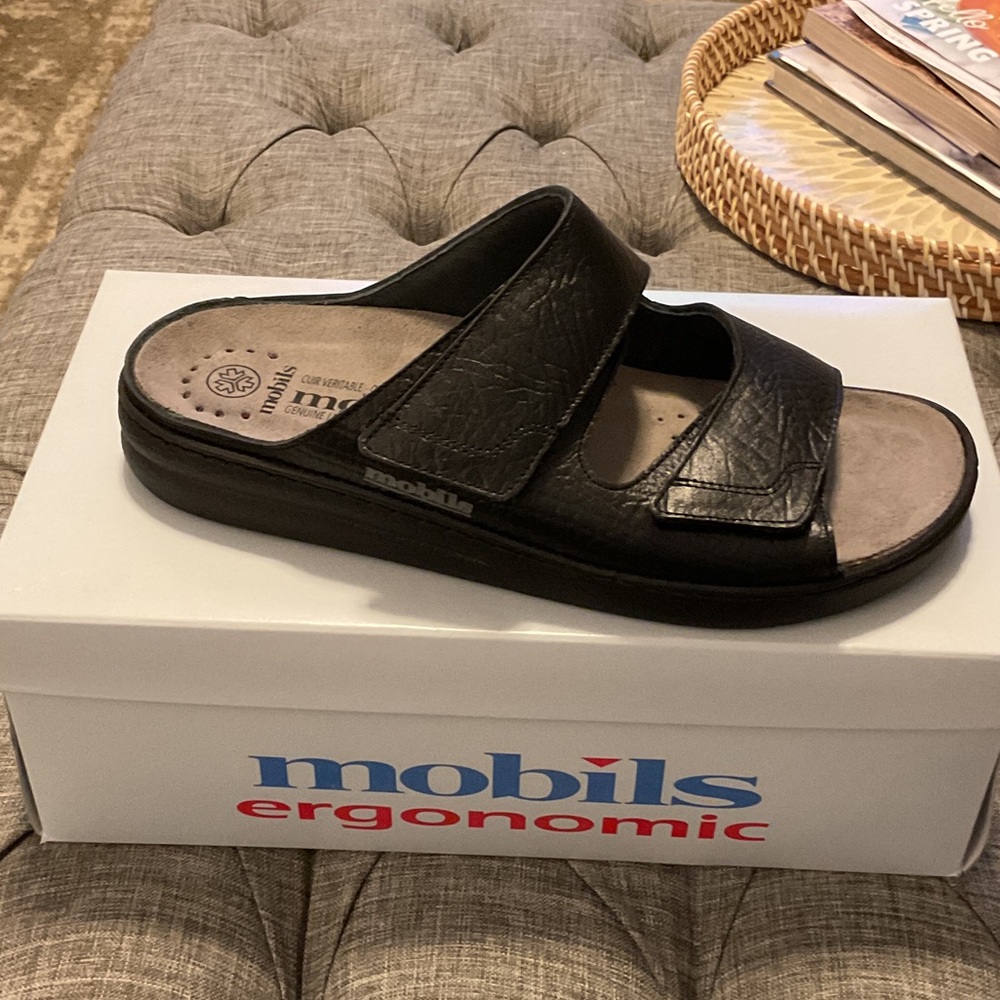 Mephisto Black Leather Dual-Strap Slide Sandals